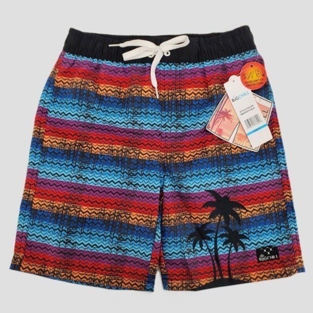 Big Chill Boys Size‎ 6 Swim Trunks Board Shorts UPF 50 Lined Palm Tree Stripe